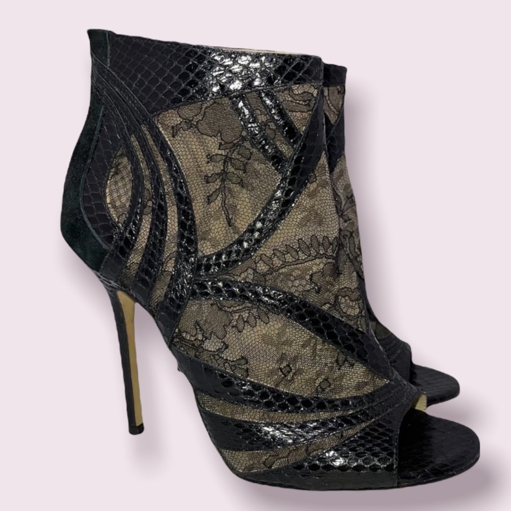 Jimmy Choo Authentic Black Lace Peep Toe Heeled Booties Size 37.5 New Condition